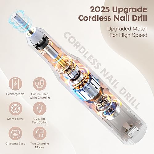 Miniatura 8 de Lima de uñas eléctrica, kit de taladro de uñas con lámpara de uñas, lima de uñas inalámbrica para uñas de gel acrílico, herramienta profesional de