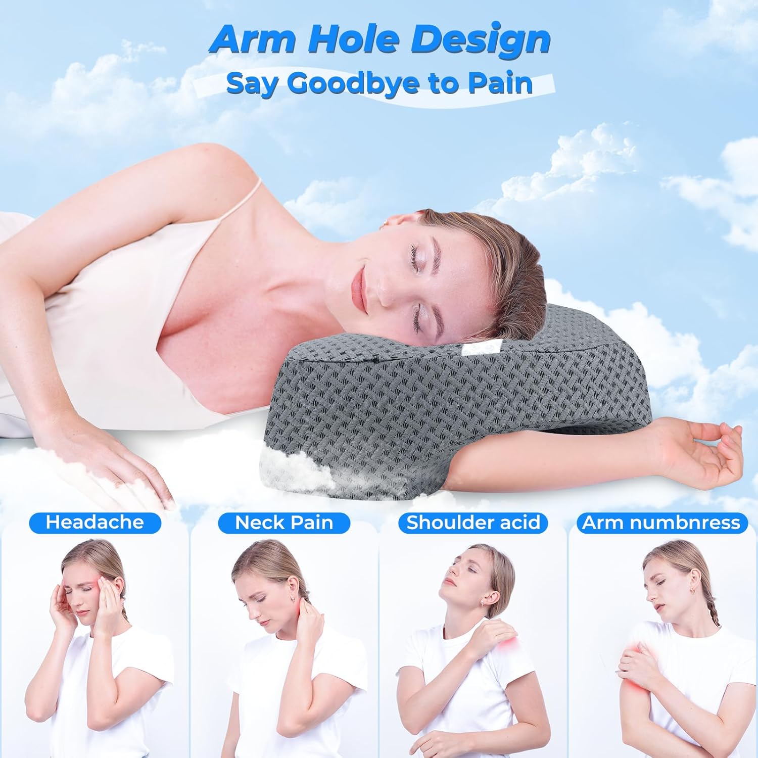 SAHEYER Side Sleeper Pillow with Arm Hole, Upgraded Memory Foam Shoulder Pillow for Neck Pain Relief, Adjustable Multi-Angle Arm Tunnels Support for Adults Pressure-Free Sleep (Grey)