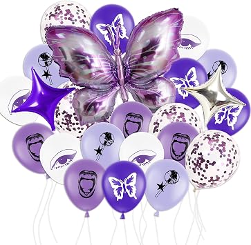HOMEZZO Purple Butterfly Party Decorations, Butterfly Foil Balloon Purple White Printed Latex Balloons for Birthday Party Music Fans Gathering