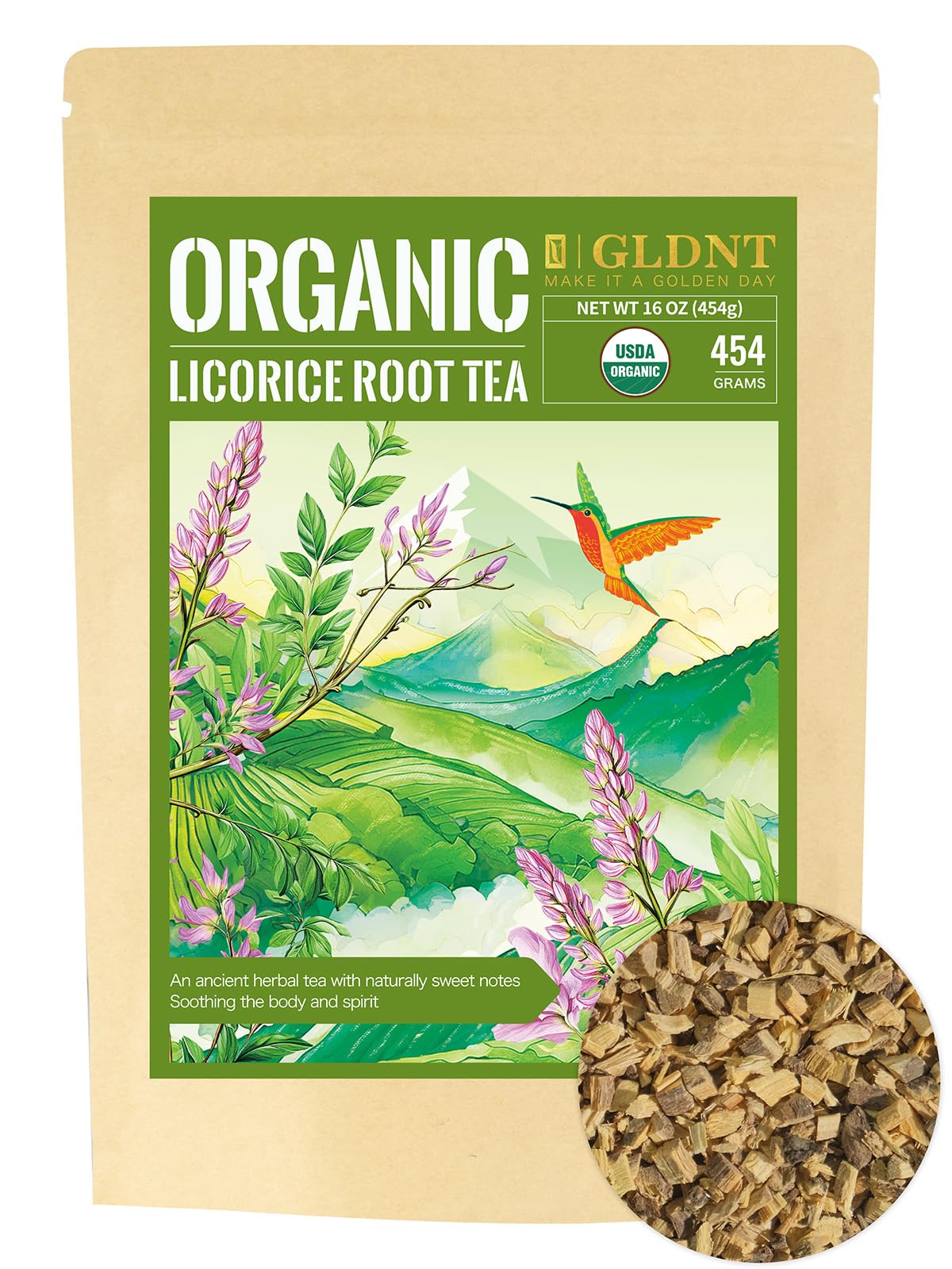 GLDNT Organic Licorice Root Tea, Premium Organic Licorice Tea Loose Leaf, Warm & Natural Sweet Flavor, Cut and Sifted, Caffeine Free, 16oz