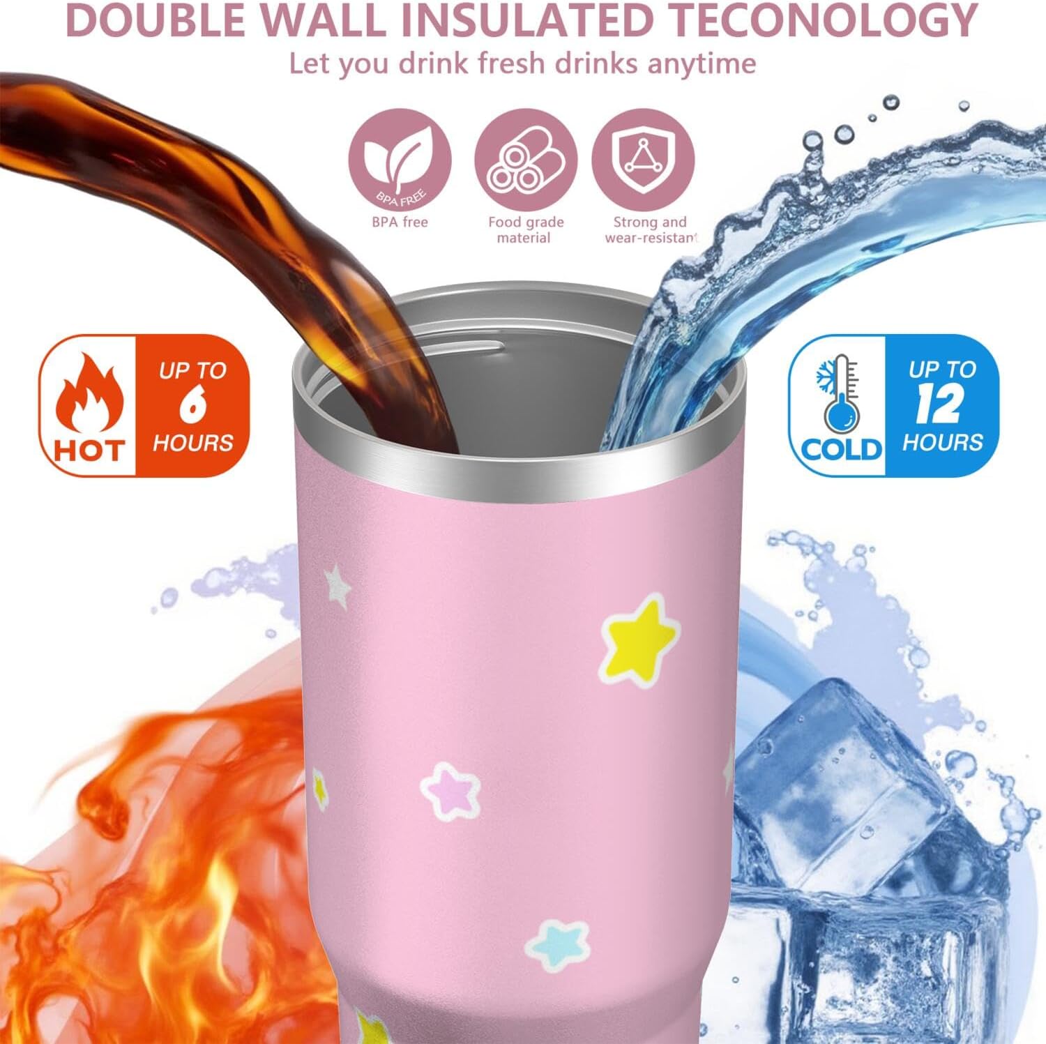 Tumbler for Adults Water Bottle Double Wall Cups for Kids 30 oz Pink Coffee Mug Stuff Cat Insulated Cup Gifts for Girl Women - Image 3
