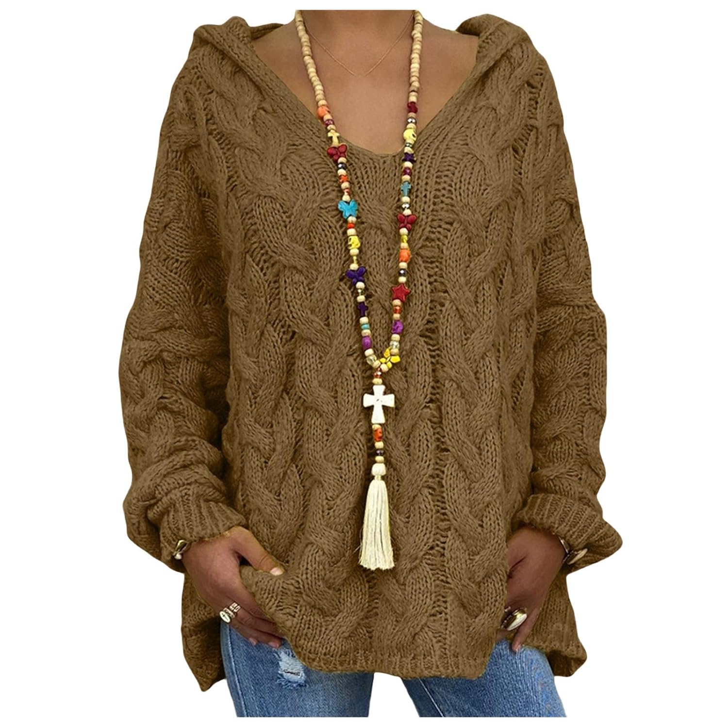 Womens Oversized Sweaters Chunky Cable Knit Pullover Sweater V Neck Hooded Sweatshirt Tops Casual Long Sleeve Shirt