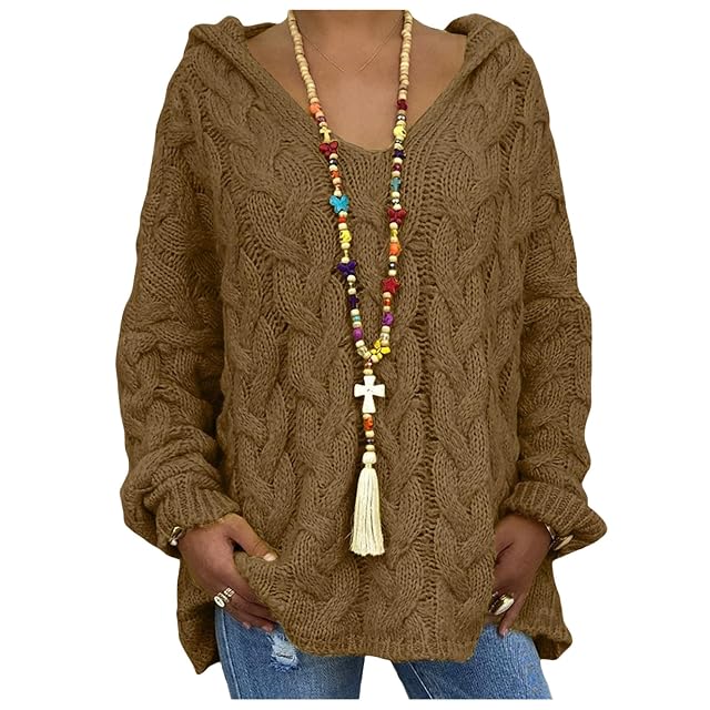 Womens Oversized Sweaters Chunky Cable Knit Pullover Sweater V Neck Hooded Sweatshirt Tops Casual Long Sleeve Shirt