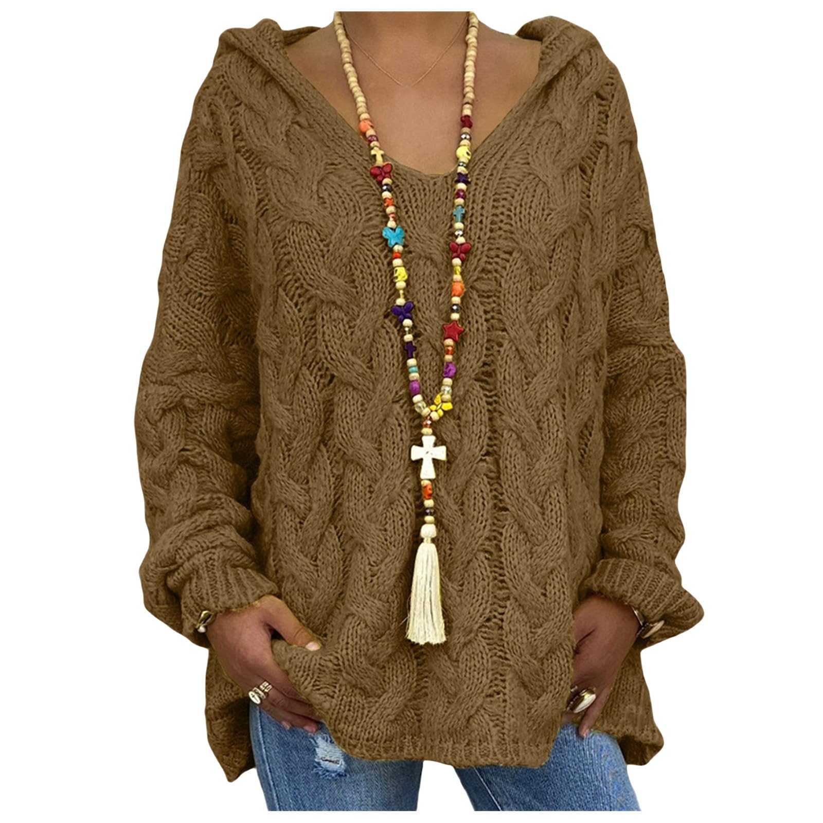 Womens Oversized Sweaters Chunky Cable Knit Pullover Sweater V Neck Hooded Sweatshirt Tops Casual Long Sleeve Shirt