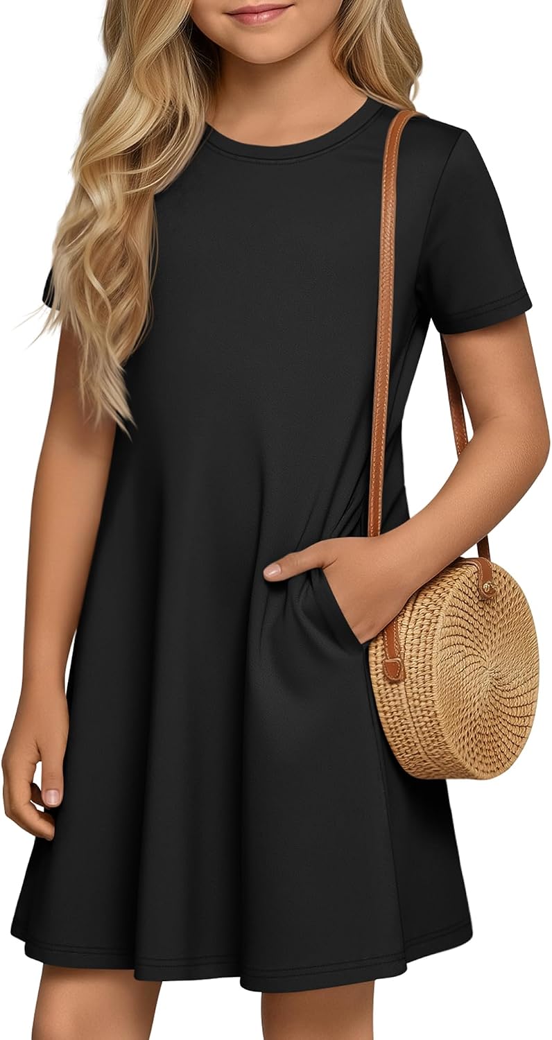 Girls' Short Sleeve Dresses with 2 Pockets Summer Casual a Line Crew Neck Swing Basic Skater Twirl Kids 5-14 Years
