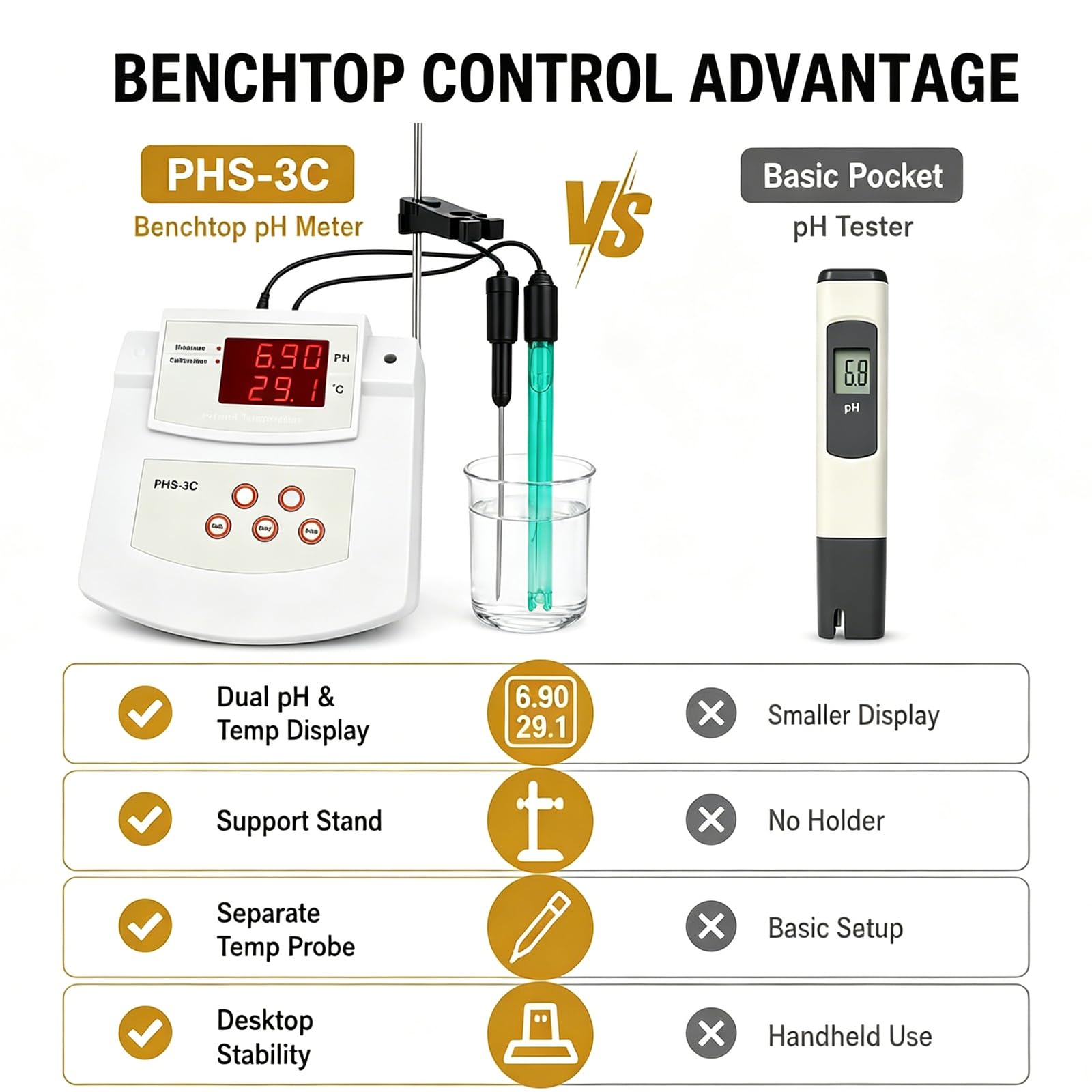 Medidor De Ph De Sobremesa para Laboratorio, Medidor De Acidez De Sobremesa con Autocalibración, Precisión De ±0,01 Ph Y 2 Electrodos De Ph/Temperatura, 0℃-50℃ ATC, con Soporte, para Medio