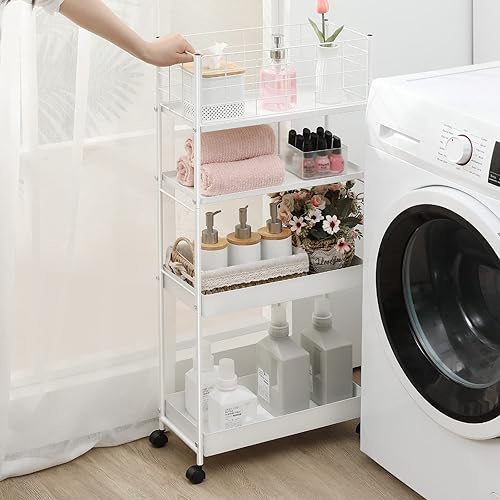 Miniatura 7 de KINGRACK Carrito de almacenamiento delgado, carrito de metal de 4 niveles con ruedas, estantería móvil estrecha, organizador de almacenamiento de