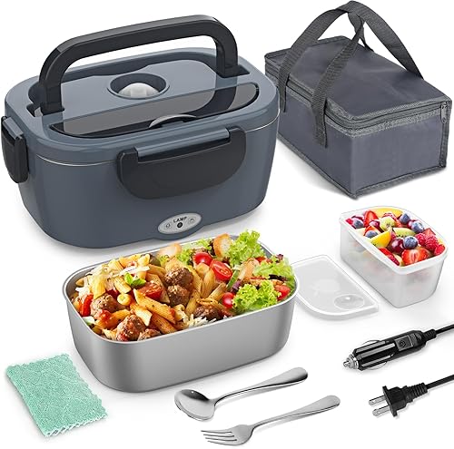 Miniatura 2 de Vingud Fiambrera eléctrica para alimentos, 2 juegos de fiambrera térmica para adultos, 12 V, 24 V, 110 V, lonchera portátil para trabajo, automóvil,