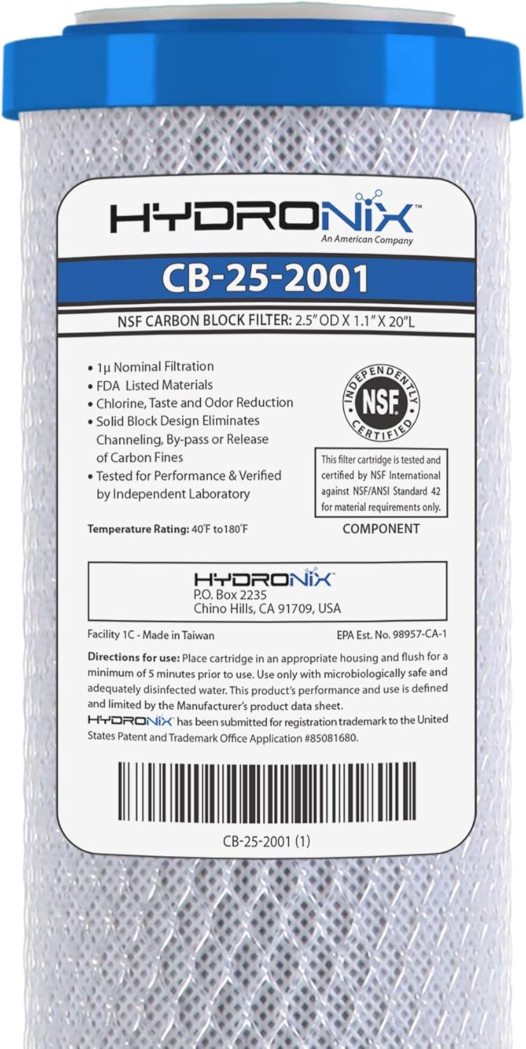 Hydronix CB-25-2001 NSF Coconut Activated Carbon Block Water Filter, 2.5" x 20" - 1 Micron