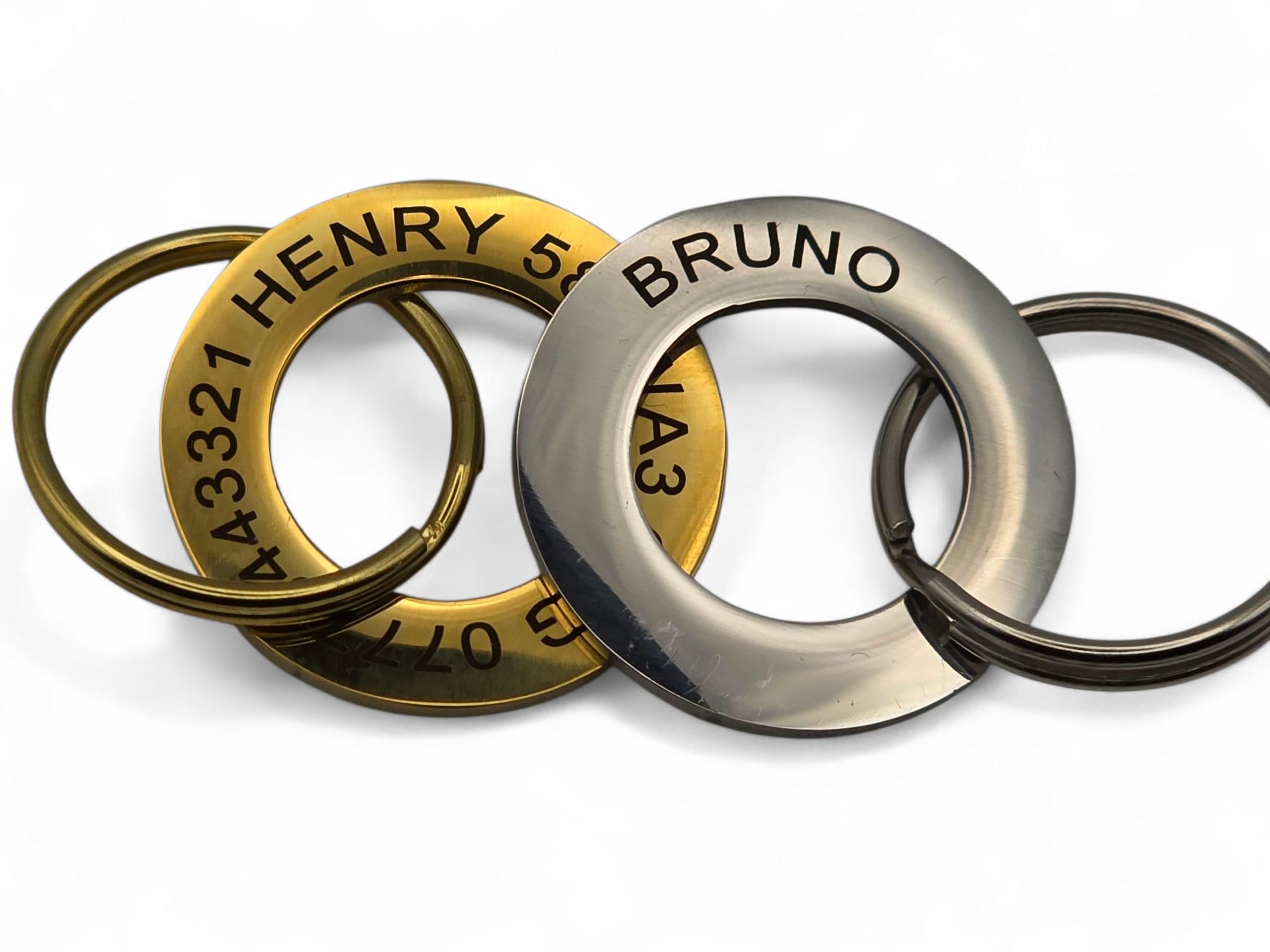 Personalised Halo Dog ID Tags – Silent & Jingle-Free Loop Design – Premium Stainless Steel Collar Charm – Deep 360° Laser Engraved Name & Number – Gold or Silver – 25mm & 30mm