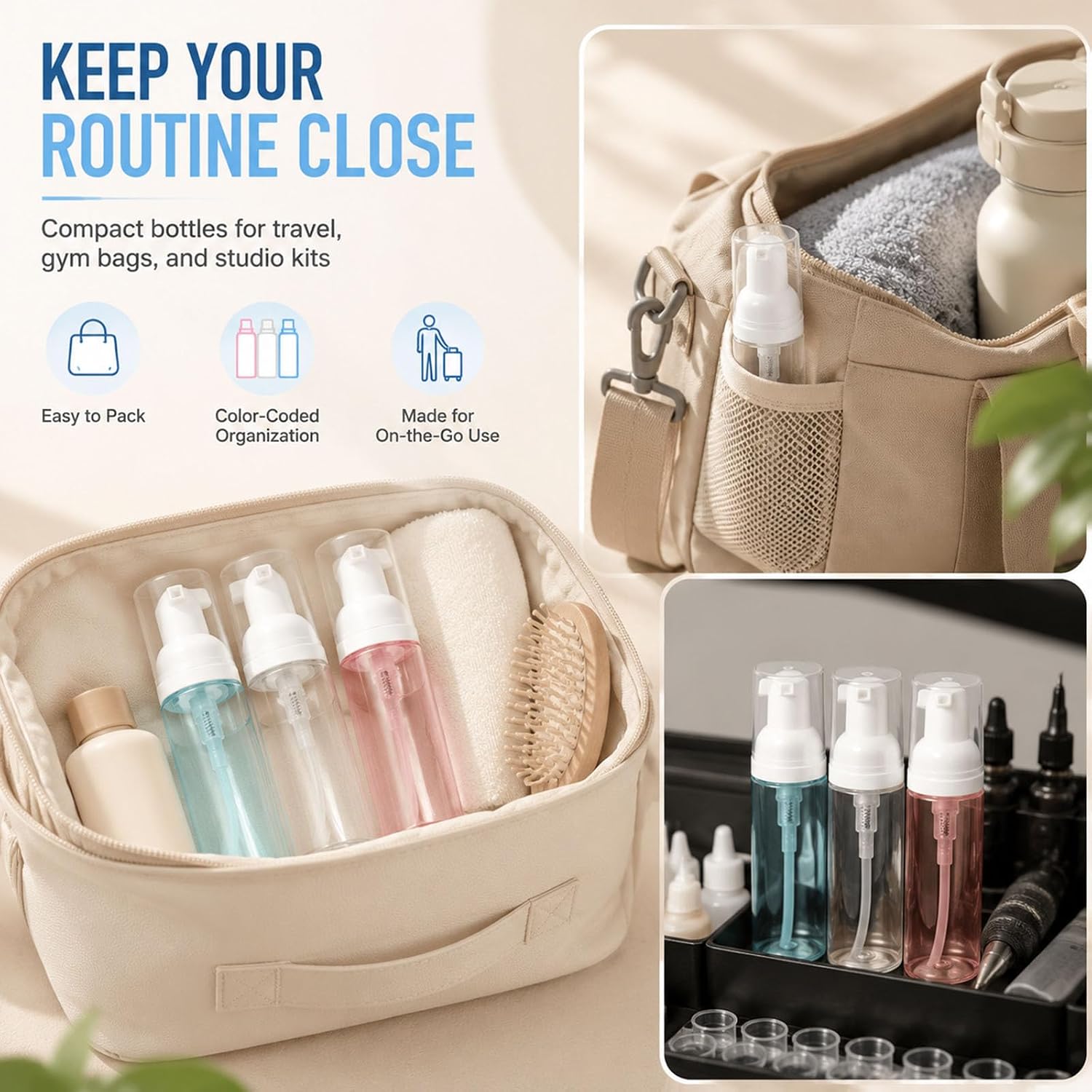 Autdor 3 Pack Travel Foam Pump Bottle 60ml/2oz - Mini Foaming Soap Dispenser & Empty Refillable Travel Pump Bottle for Face Wash, Hand Soap, Toiletries, Shampoo, Lotion - Clear Plastic Foam Bottle