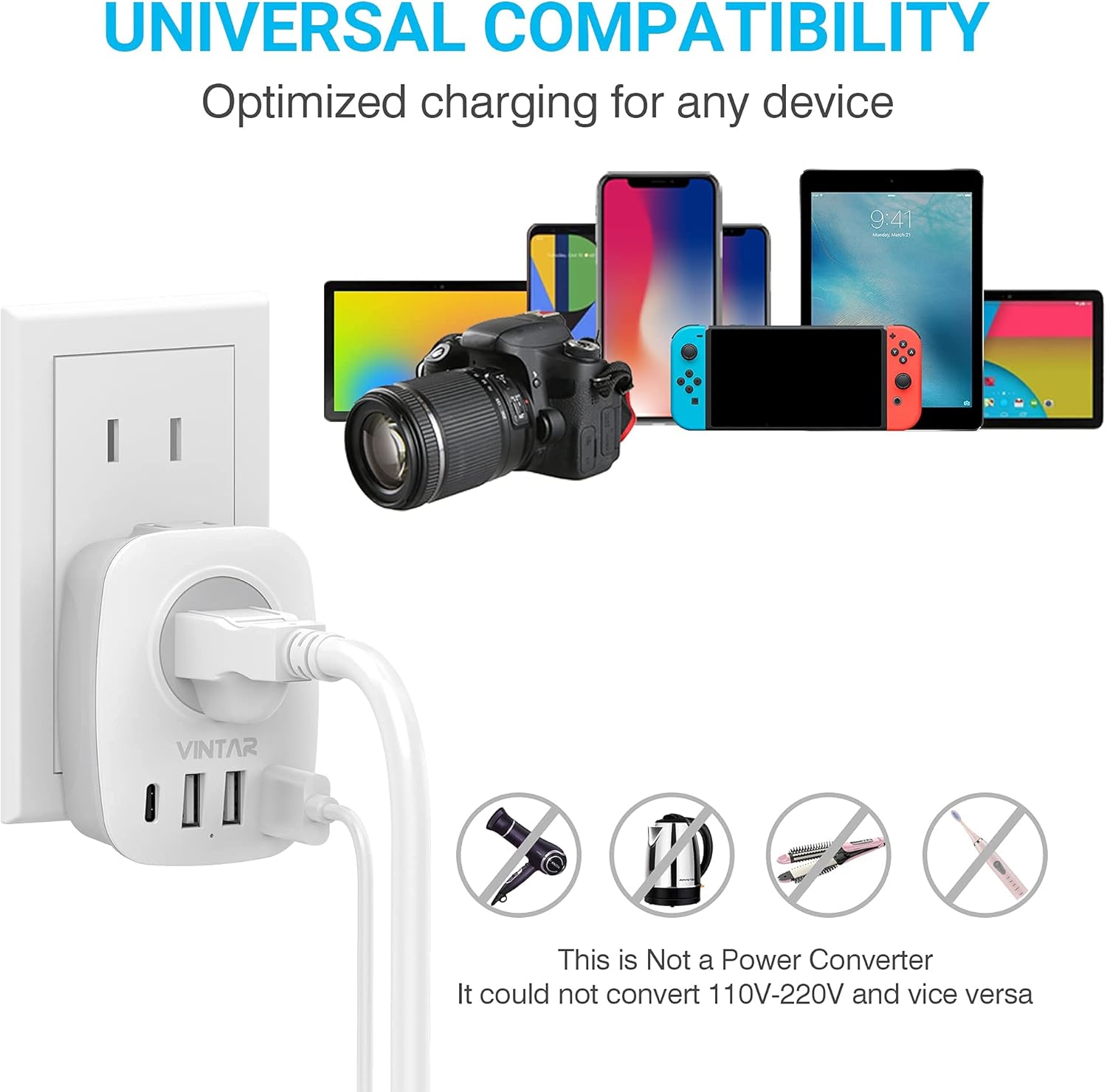 [2-Pack] 3 Prong to 2 Prong Adapter，VINTAR Electrical 2 Outlet Extender with 3USB&1USB-C Wall Charger, Multi Plug Extender Splitter, Travel Multiple Power Adaptor for US to Japan, Type A, CE Listed : Everything Else