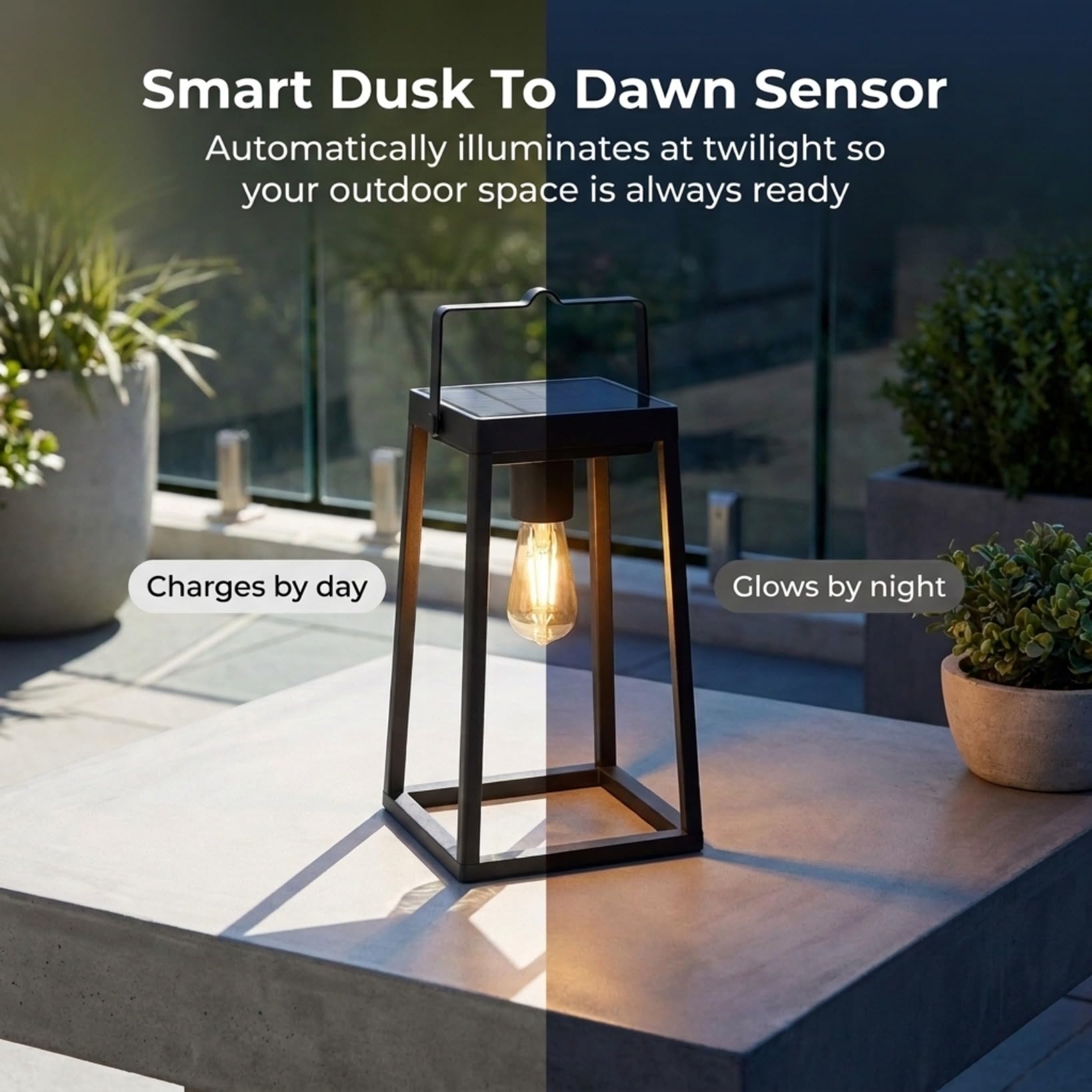 Auraglow Lanterna da Giardino Solare e USB con Lampadina Filamento Vintage | Lampada da tavolo senza fili, batteria 48 ore, opzione crepuscolare, alluminio nero opaco, bagliore LED retrò
