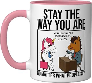 Stay The Way You Are Pink Hair Unicorn Job Interview Ceramic Mug, Pink/White