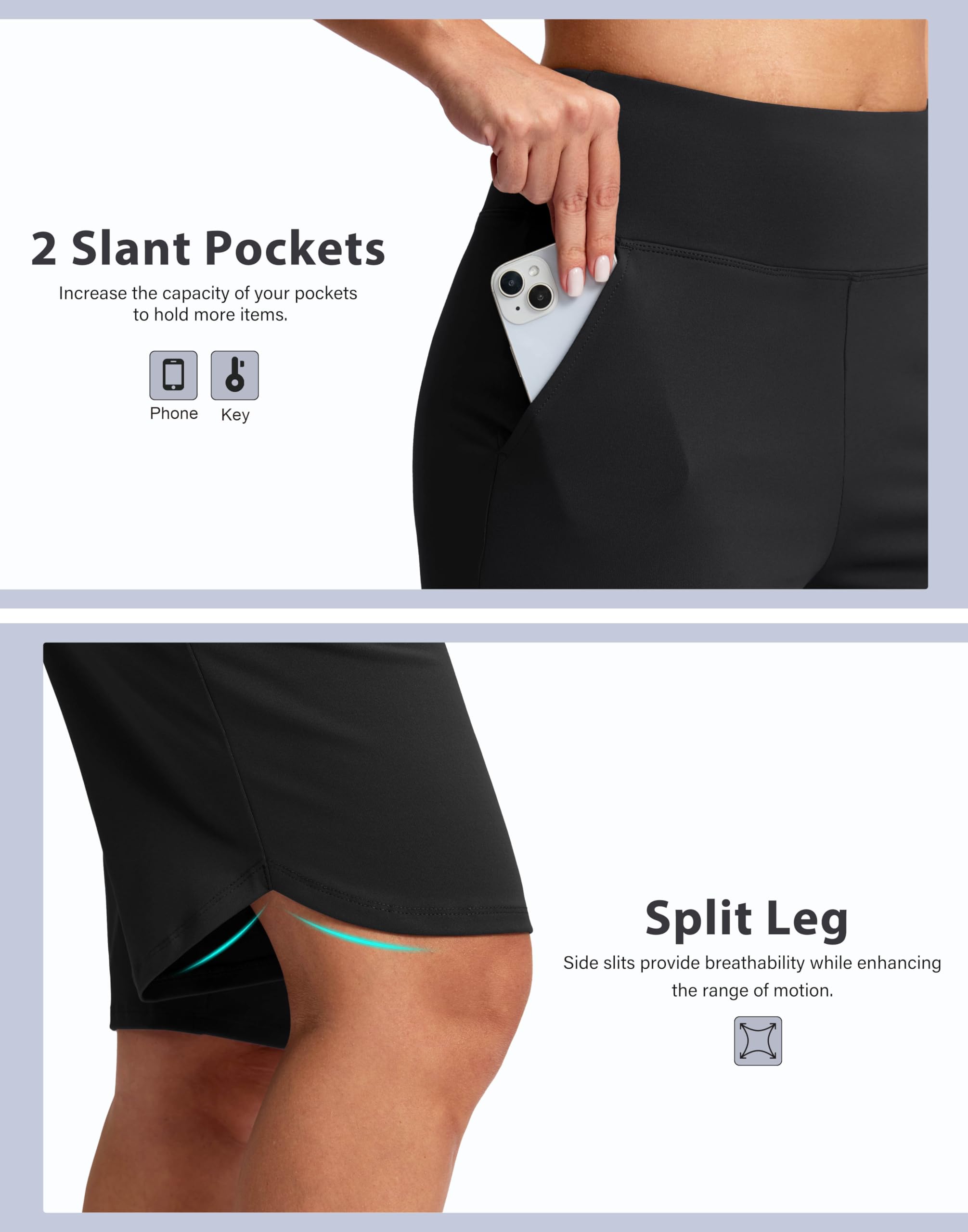 SANTINY Bermuda long de 30,5 cm de long pour femme, longueur genou avec poches, short extensible taille haute pour la marche d'été, noir, Taille XL
