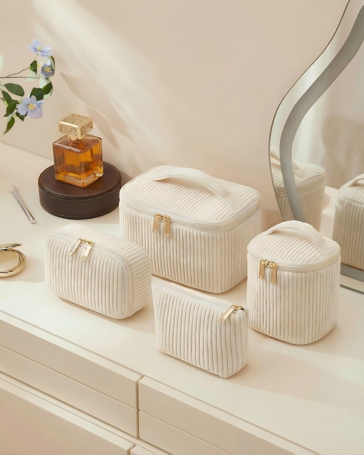 Set de 4 Neceseres Maquillaje Mujer de Nailon con Asa, Estuche Cosméticos Grande Mediano Pequeño Mini, Organizador de Viaje y Uso Diario, Beige
