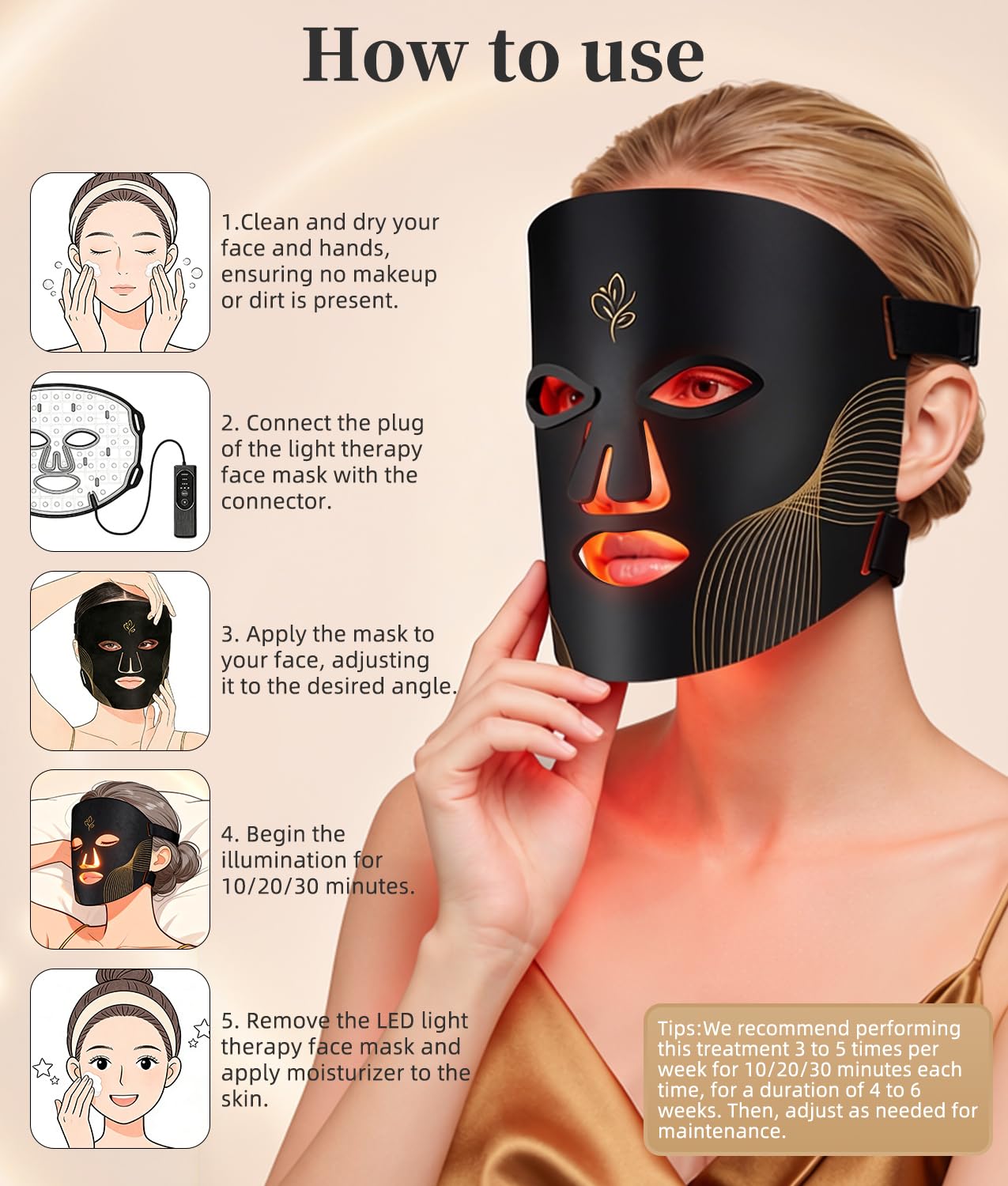 Masque de luminothérapie à LED - Masque facial à lumière rouge - Longueur d'onde rouge pour un usage domestique - Soins de la peau avancés en toute simplicité