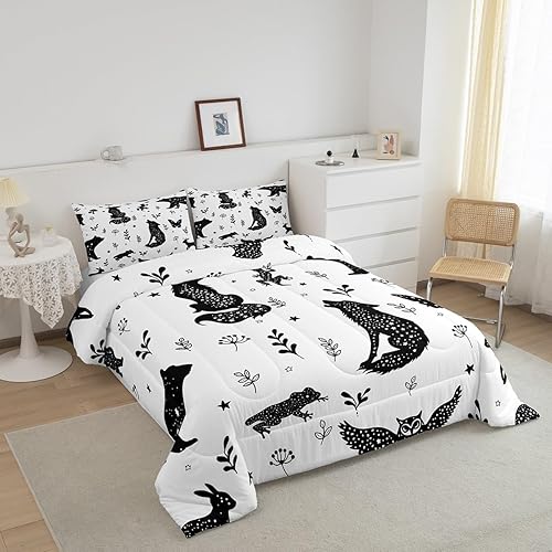 Miniatura 3 de Juego de ropa de cama matrimonial con diseño de bosques para niños y niñas, juego de edredón con diseño botánico de animales, estilo escandinavo,