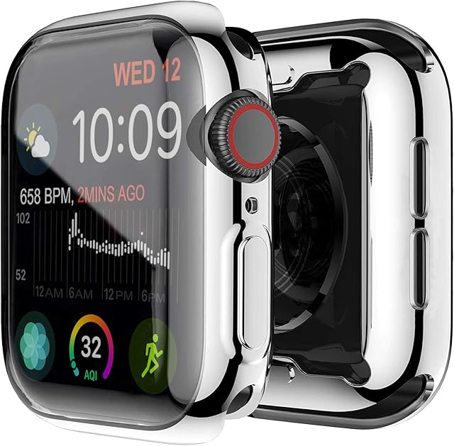 YoLin [2-Pack Apple Watch Series 6/ SE/Series 5 / Series 4 44mm Screen Protector, iwatch Cover Soft Transparent TPU All-around Protective Case For Apple Watch 44mm (1 Silver + 1 Transparent)