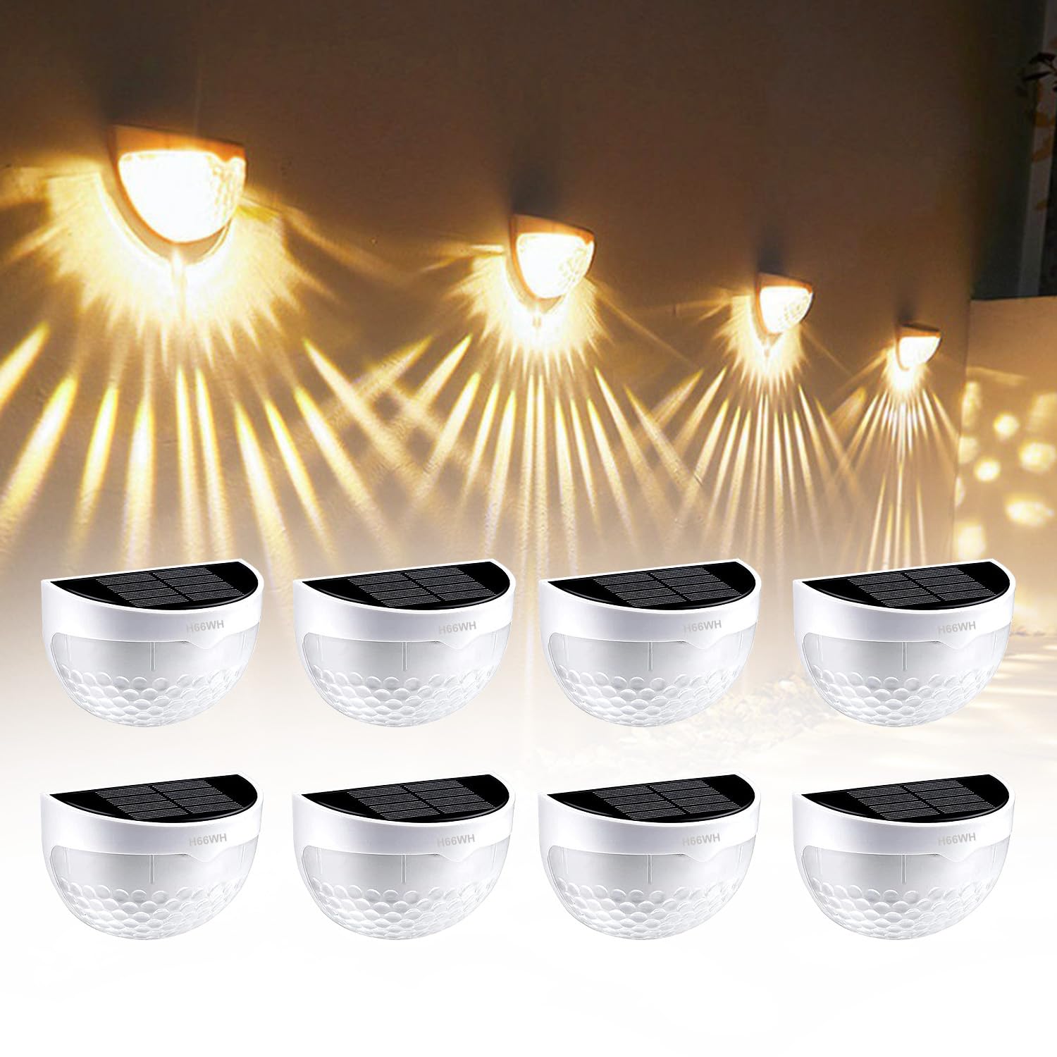 H66WH 8 Pack Solar Fence Lights, Wireless Solar Lights Outdoor Garden