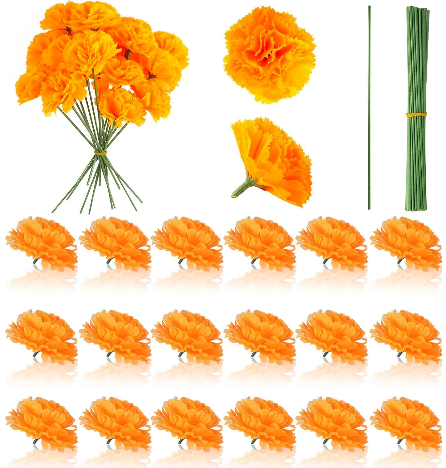 20 Pcs Artificial Marigold Flowers with Stems - Orange Marigold Bunches for Diwali, Navratri, Wedding, Ganesh Pooja Decorations