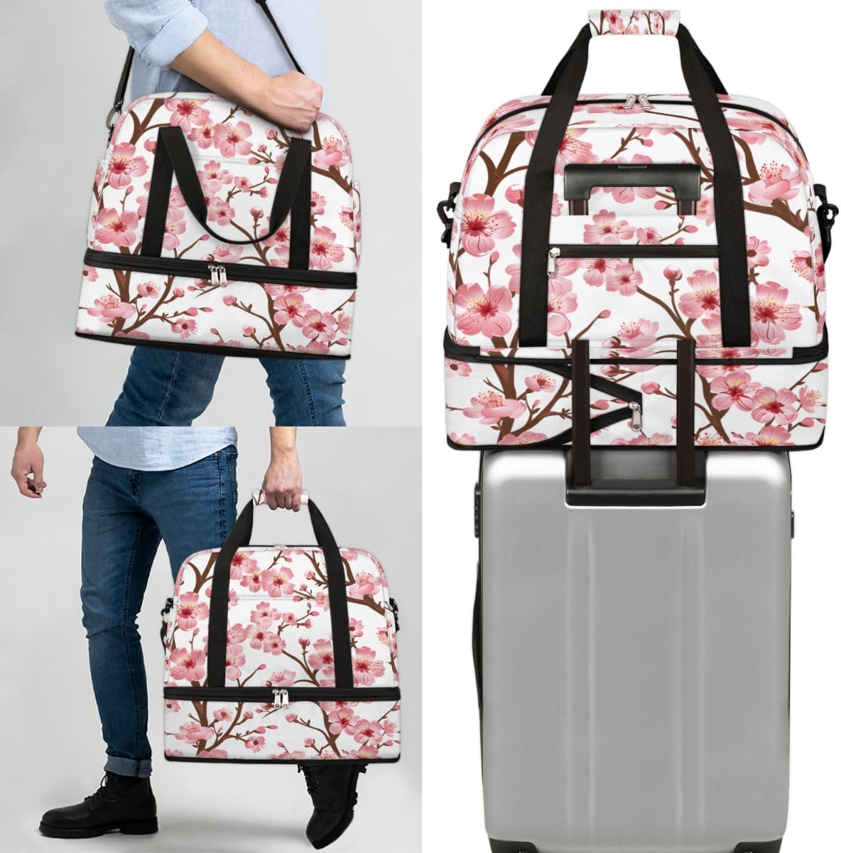 Foldable Travel Duffel Bag for Women, Overnight Weekender Bag Cherry Blossom Floral Carry on Duffel Bag Luggage Sports Gym Tote Bag with Shoes Compartment, Water Rresistant Shoulder Bag