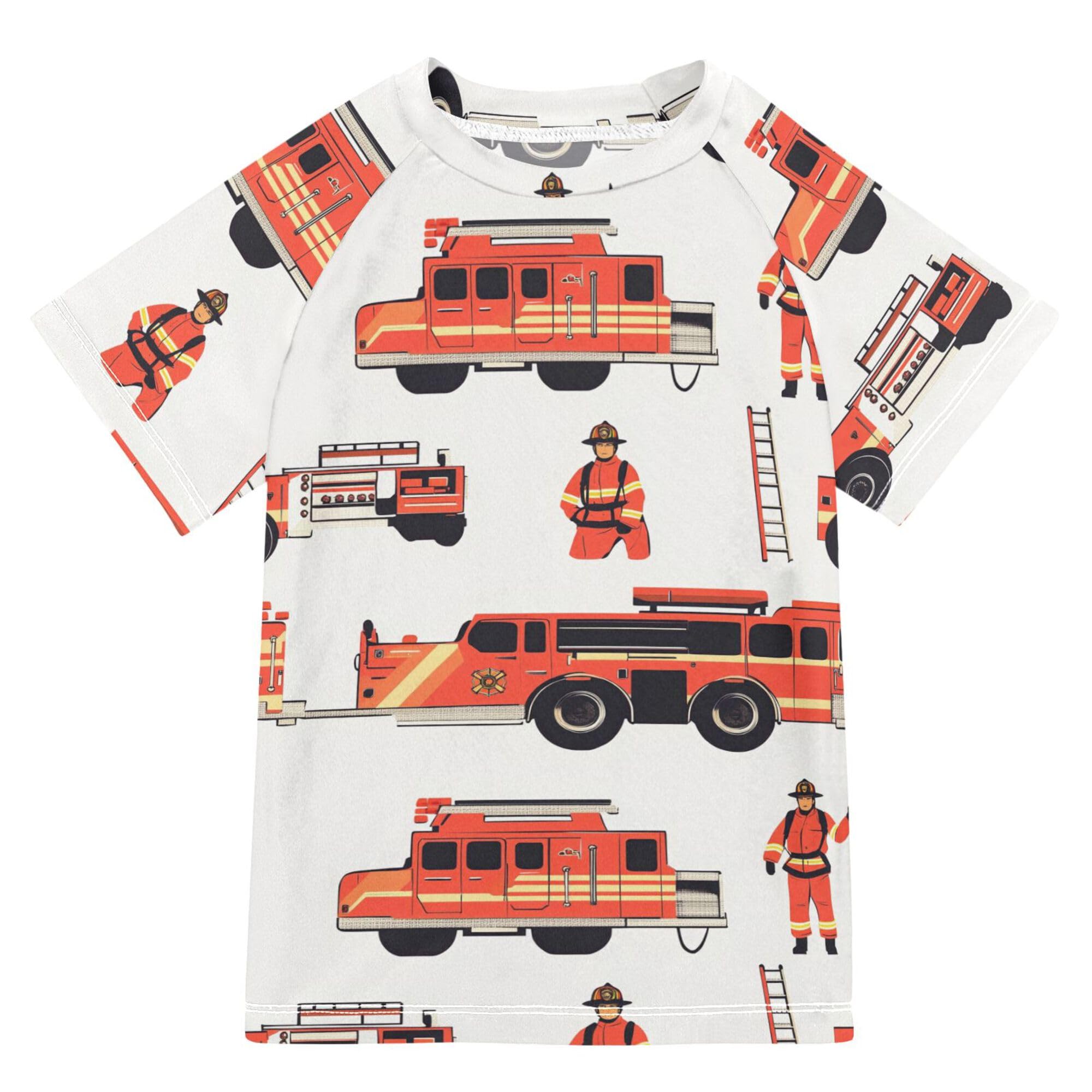 Firefighter Fire Truck White Kids Bathing Suits Girls Short Sleeves Teen Rash Guard Swimsuit Swimwears T Shirts for Big Boys 11-12Y