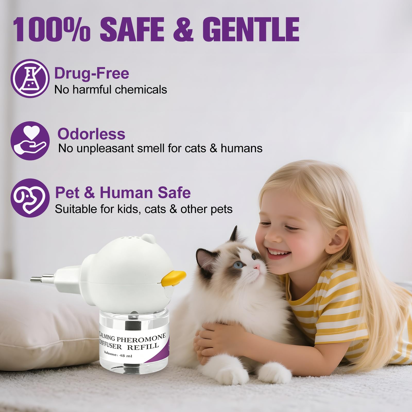 Difusor de Feromonas Calmantes para Gatos, 1 Difusor + 2 Recargas (48ml Cada una), 60 Días de Efecto Duradero, Sin Fármacos y Sin Olor, Alivia Ansiedad, Reduce Peleas, Detiene Orinar y Rascar (1)