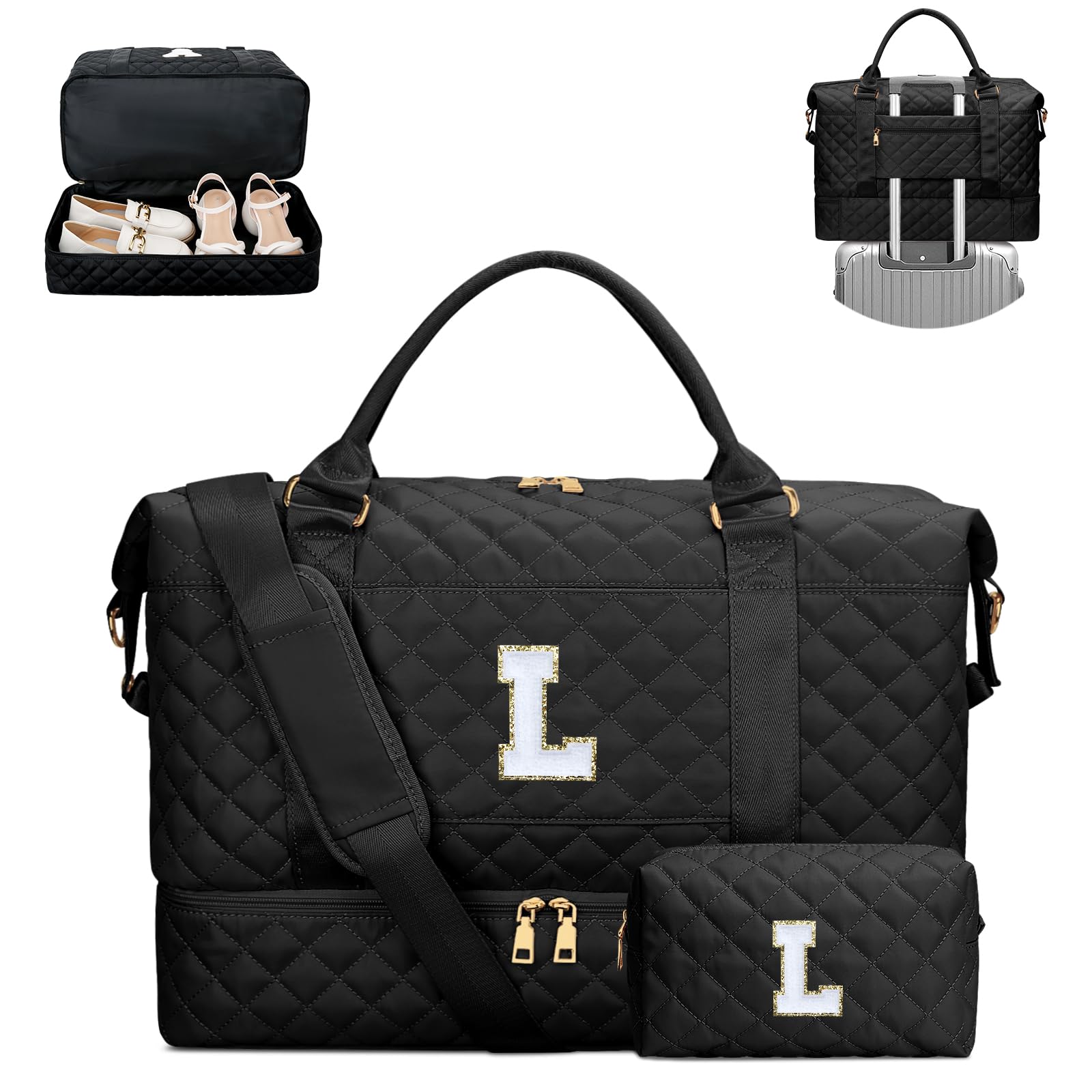 CLOUDWINGS Gifts for Women Initial Travel Duffle Bag Quilted Weekender Carry-On Overnight with Cosmetic Bag, Gym Bag with Shoe Compartment Hospital