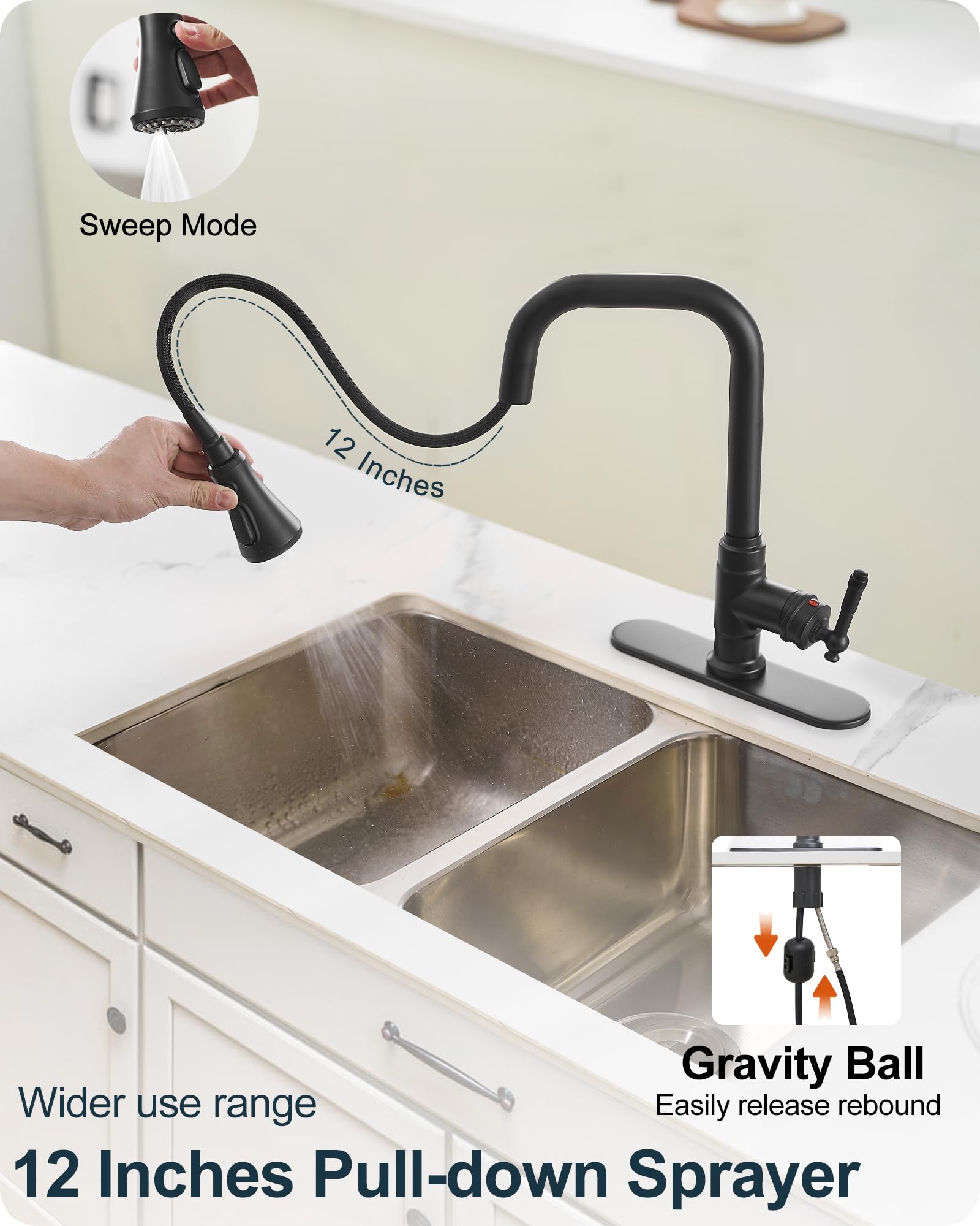 Grifo de fregadero de cocina negro de 3 funciones, grifos de cocina con pulverizador extraíble, grifo de cocina giratorio de 360 grados, grifo de cocina de 3 agujeros, grifo de cocina de un