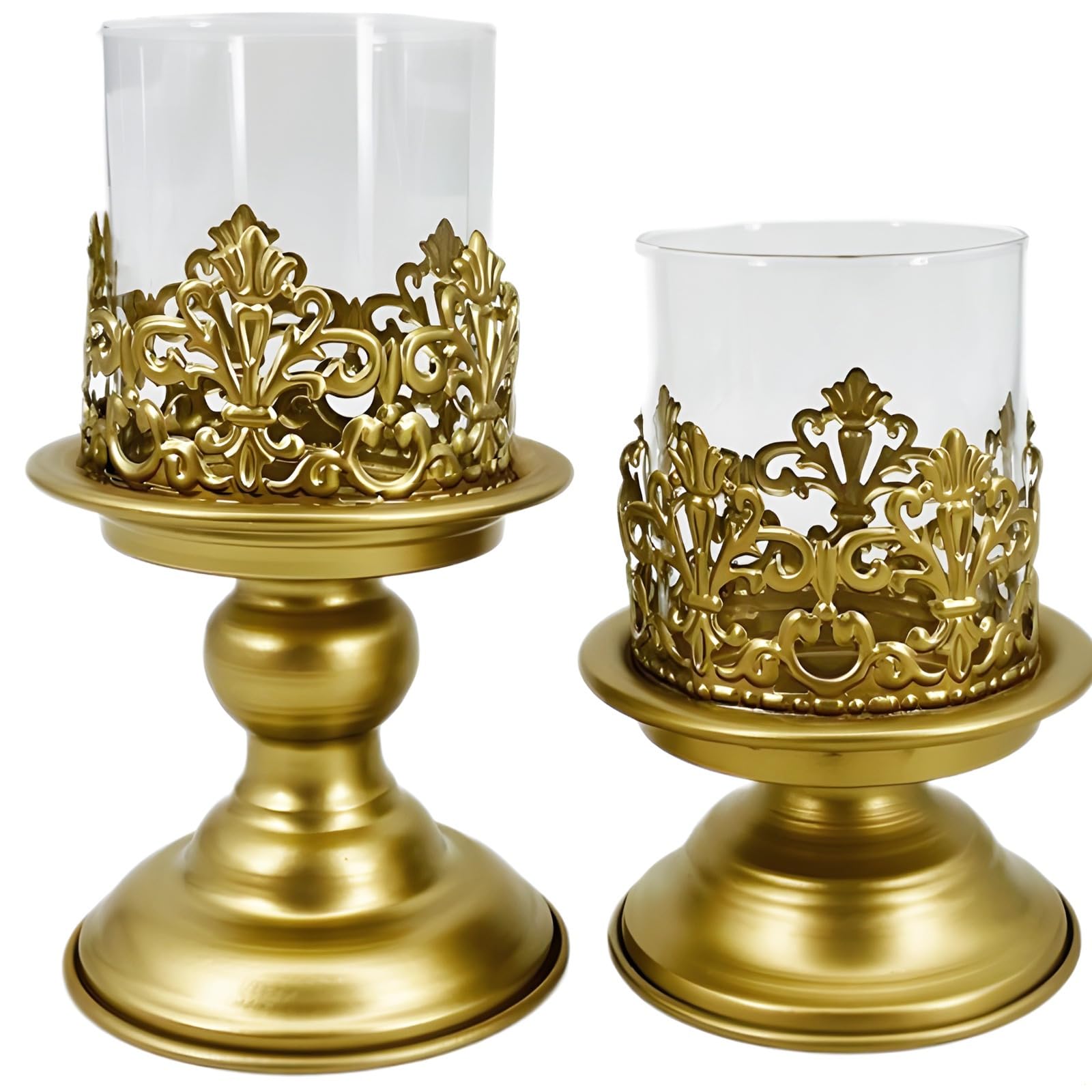 Set of 2 Luxury Embossed Golden Hurricane Candle Holders, Glass Cup for Table Centerpieces, Ideal for Weddings and Events