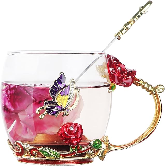 Qinhai Enamel Butterfly Flower Tea Cup Sets, Glass Coffee Mug, Mothers Day Gifts for Mum, Wedding Birthday Valentines Graduation Christmas Present for Women Wife Her Grandma Teacher Friend (Red)