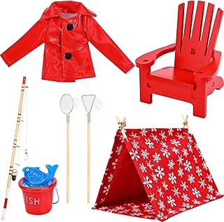 7 Pcs Christmas Elf Doll Fishing Accessories Set Include Fishing Outfit Camping Tent Chair for Elf Dollhouse Xmas Elf Clothes and Accessories Gift