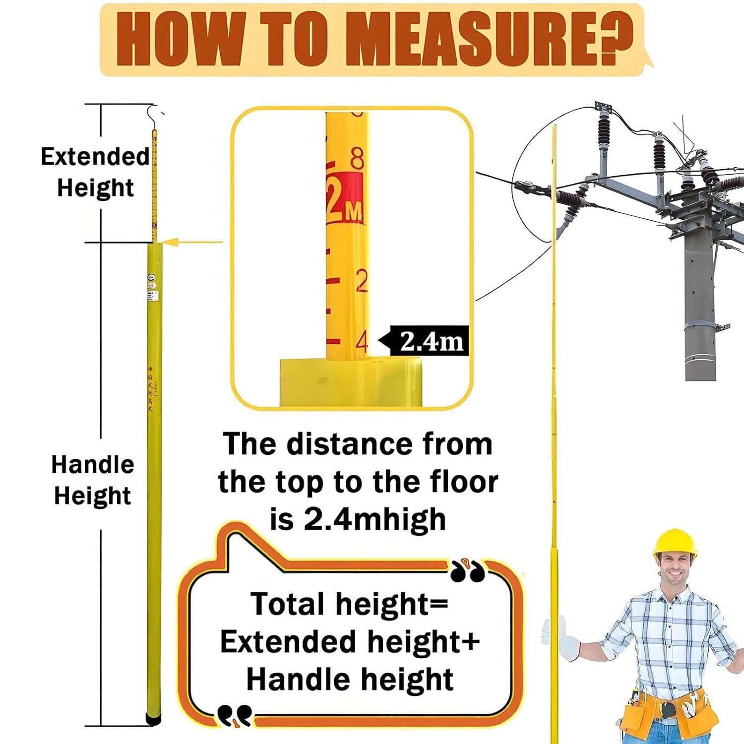 Adjustable Telescopic Measuring Pole for Accurate Distance Measurement in Electrical & Forestry Work - 15m (49.2ft) - Durable Orange Design