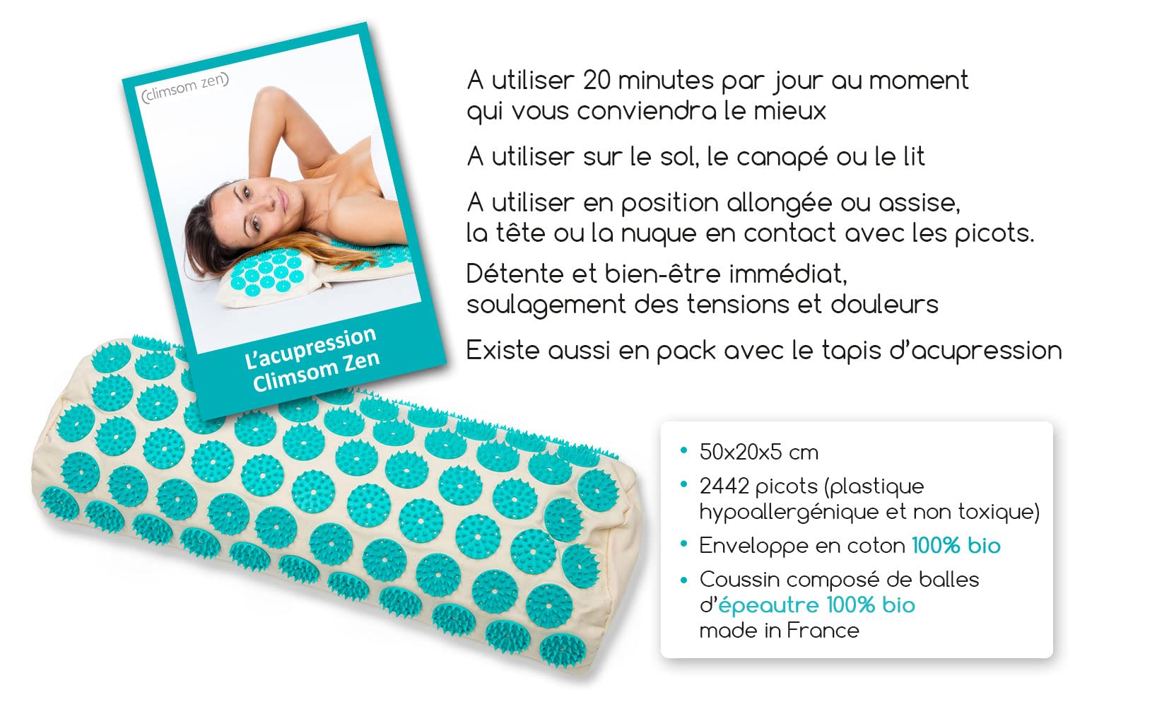 CLIMSOM ZEN - Coussin Chauffant Cervicales Acupression, Textile et Garnissage 100% Bio, Garnissage Naturel Épeautre, Fourni avec Livret Conseil (Bleu)