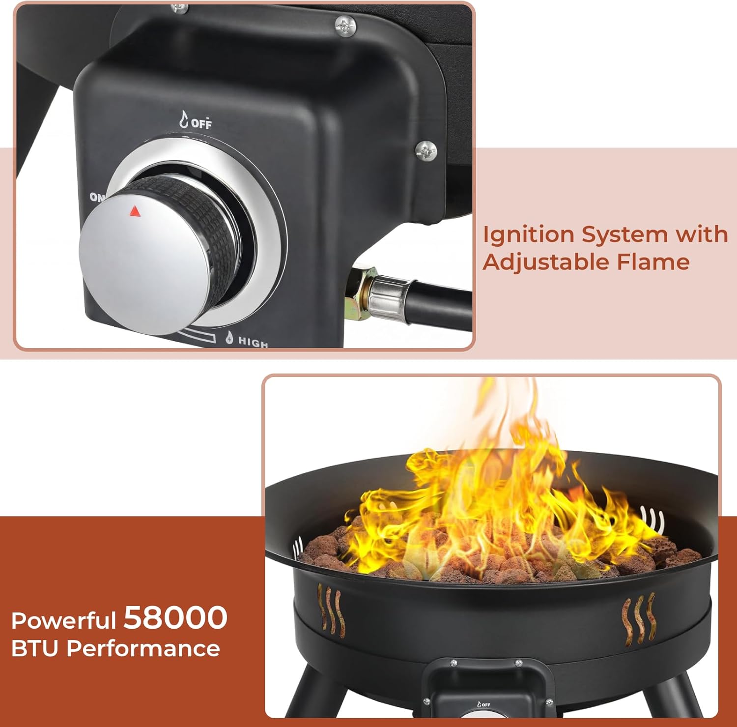 TLSUNNY 24'' Propane Fire Pit，58,000 BTU Portable Smokeless Firebowl with Self Igniter,Cover，Lava Rocks，Gas Cylinder Holder for Camping，Outdoor Living，Patio，Backyard,Tailgating,Garden，Deck,RV