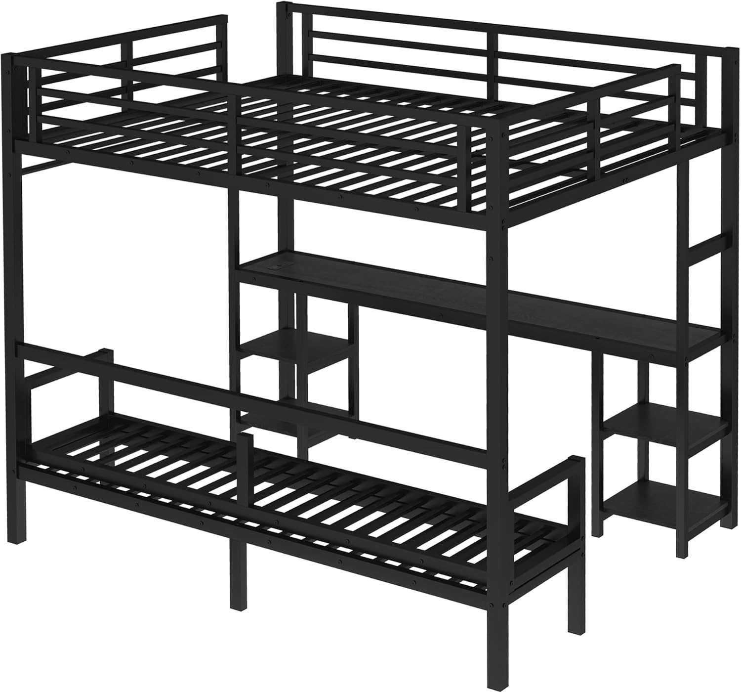 Metal Bunk Bed Queen Over Twin XL with Desk and Shelves, Metal Bunk Bed Frame with Guardrails, Multiple Uses Folds into Sofa with LED and USB, Black