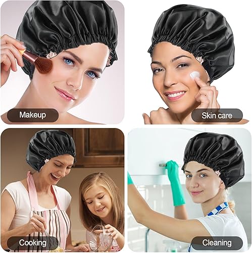 Miniatura 6 de Harewu Gorro de satén de seda para dormir, gorra grande ajustable de satén de seda para el cabello
