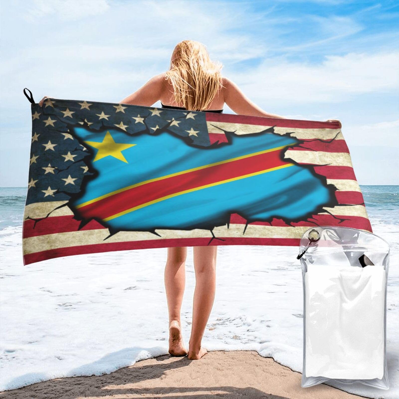 HACXZ Vintage America Flag and Congolese Congo Flag Absorbent Beach Towel Microfiber Beach Towel Lightweight 31.5"X63"