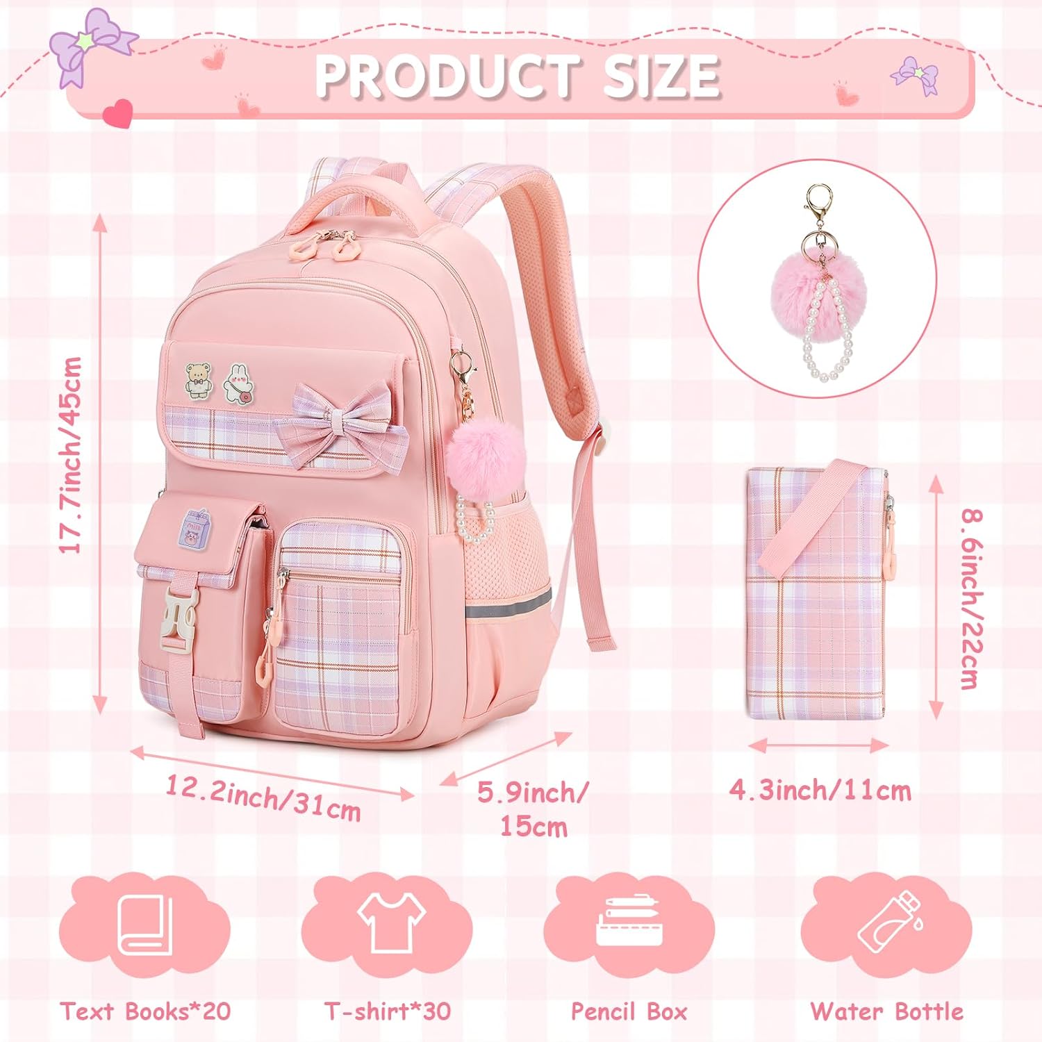 MOONBABY Girls Backpack, Kids Backpack for Girls School Bags with Pen Case, Bow Plaid Book Bag for Elementary Middle Primary High School College, Pink-2pcs