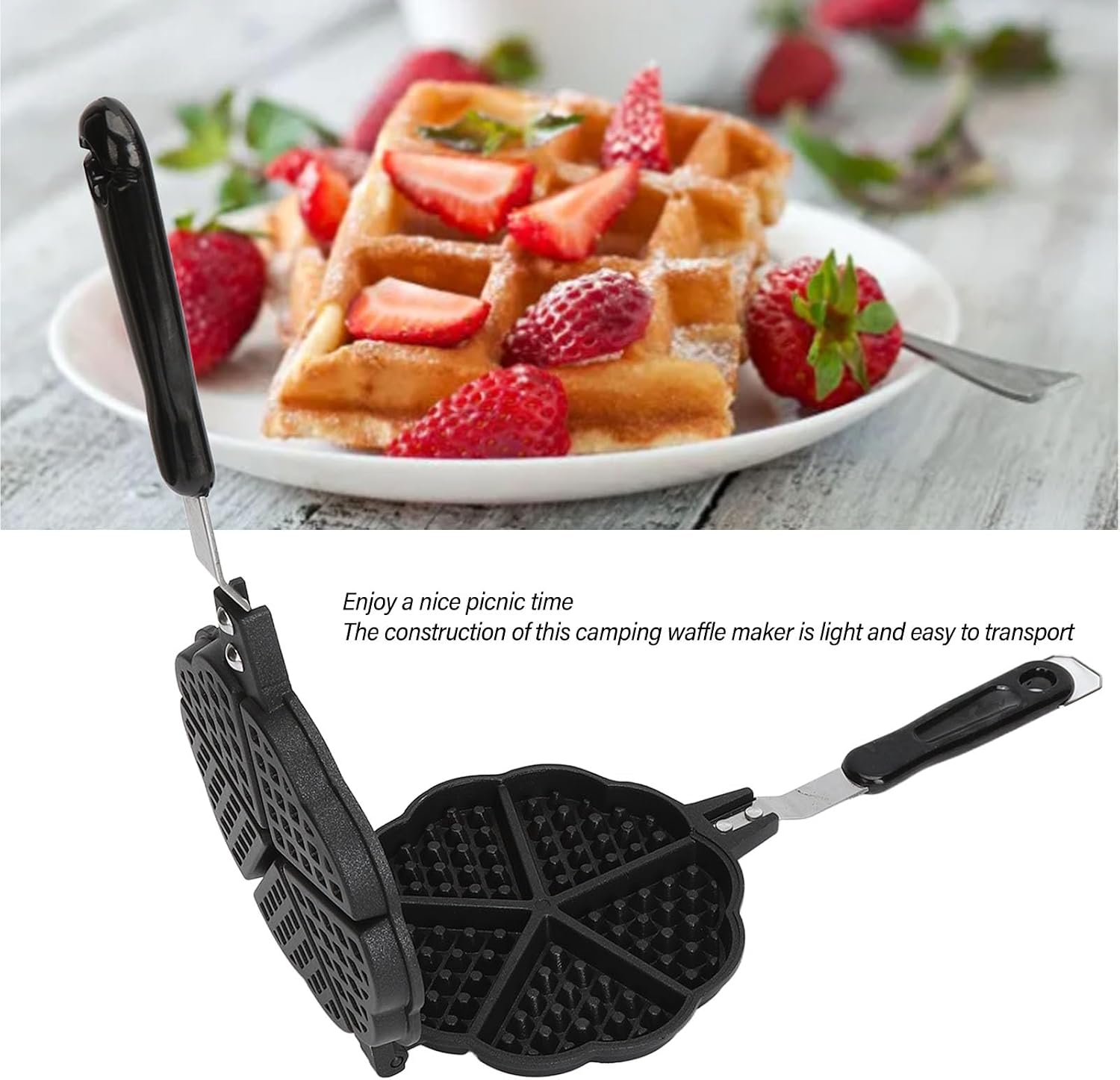 Waffle Maker Pan, 5.9 inch Aluminum Alloy Nonstick Two Piece Hinged Waffle Maker, Heart Shaped, Portable Stove Top Camping Grill Waffle Pan for Breakfast Waffles Sandwich Toast Baking