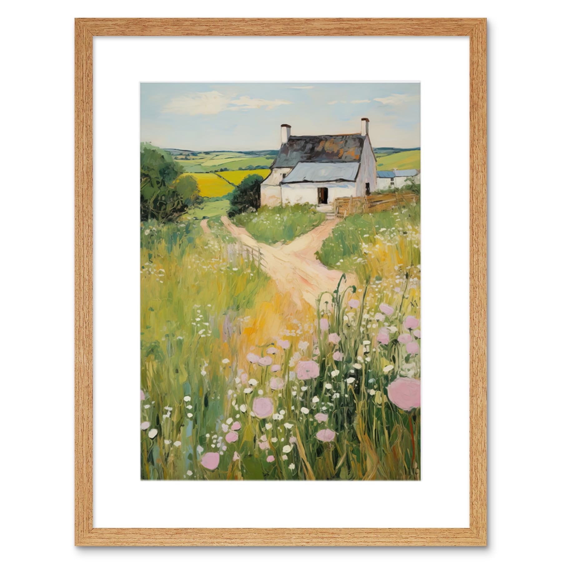 Country Farmhouse Cottage Scene Traditional Landscape Oil Painting Print - Meadows Countryside Summer Artwork Framed 9x7 Inch