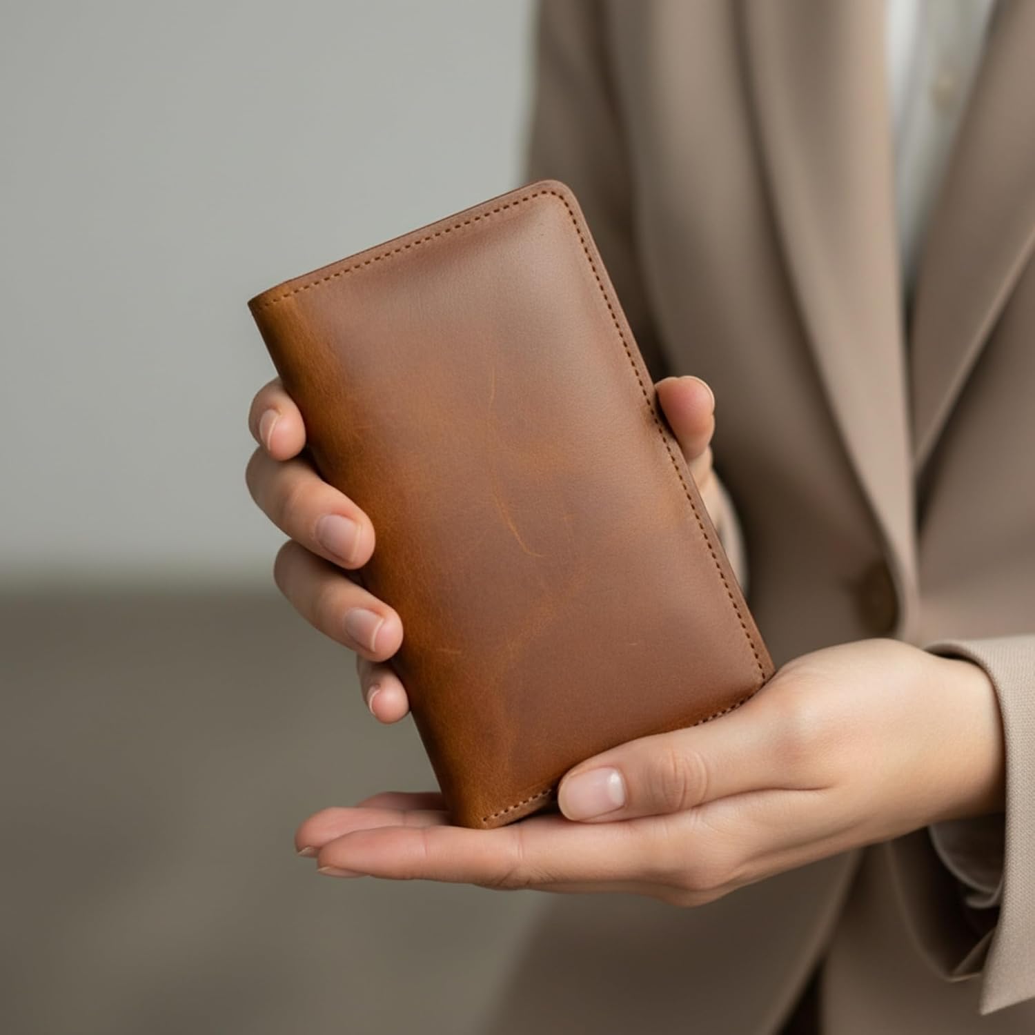 Leather Checkbook Cover – Slim Genuine Leather Checkbook Holder with Zipper Pocket, Checkbook Wallet Organizer for Men & Women, 7" x 3.8", Warm Brown