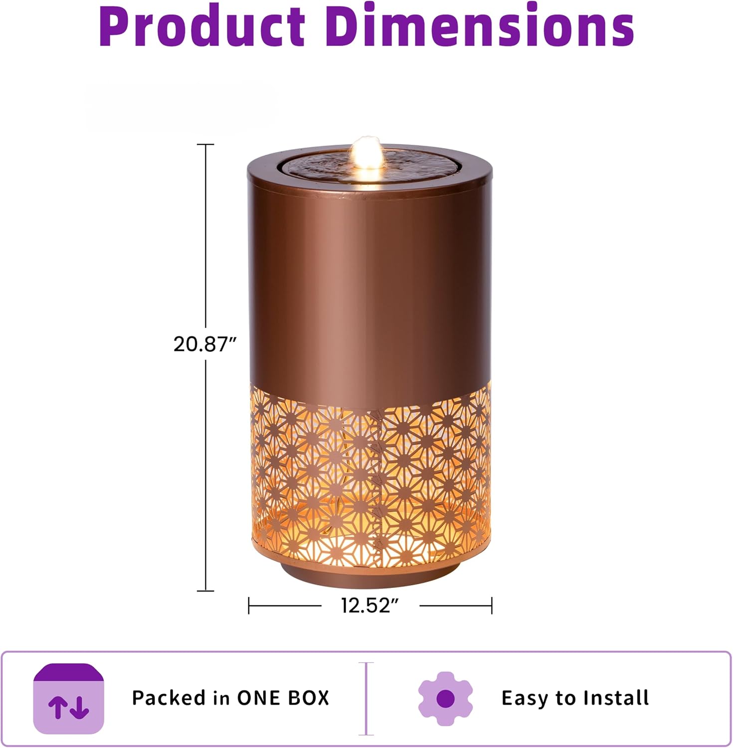 20.87'' H Outdoor Water Fountain with Candle Style Cutout & Warm LED Lights, Modern Freestanding Metal Water Feature for Patio Backyard Decor