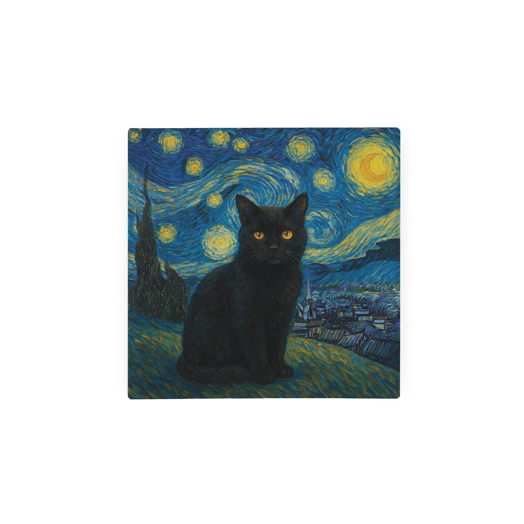 Purely Home Black Van Gogh Starry Night Cat Portrait Glass Hot Pot Stand - Artwork Inspired Gift Small Square Kitchen Trivet/Worktop Protector 20Cm X 20Cm (8" X 8")
