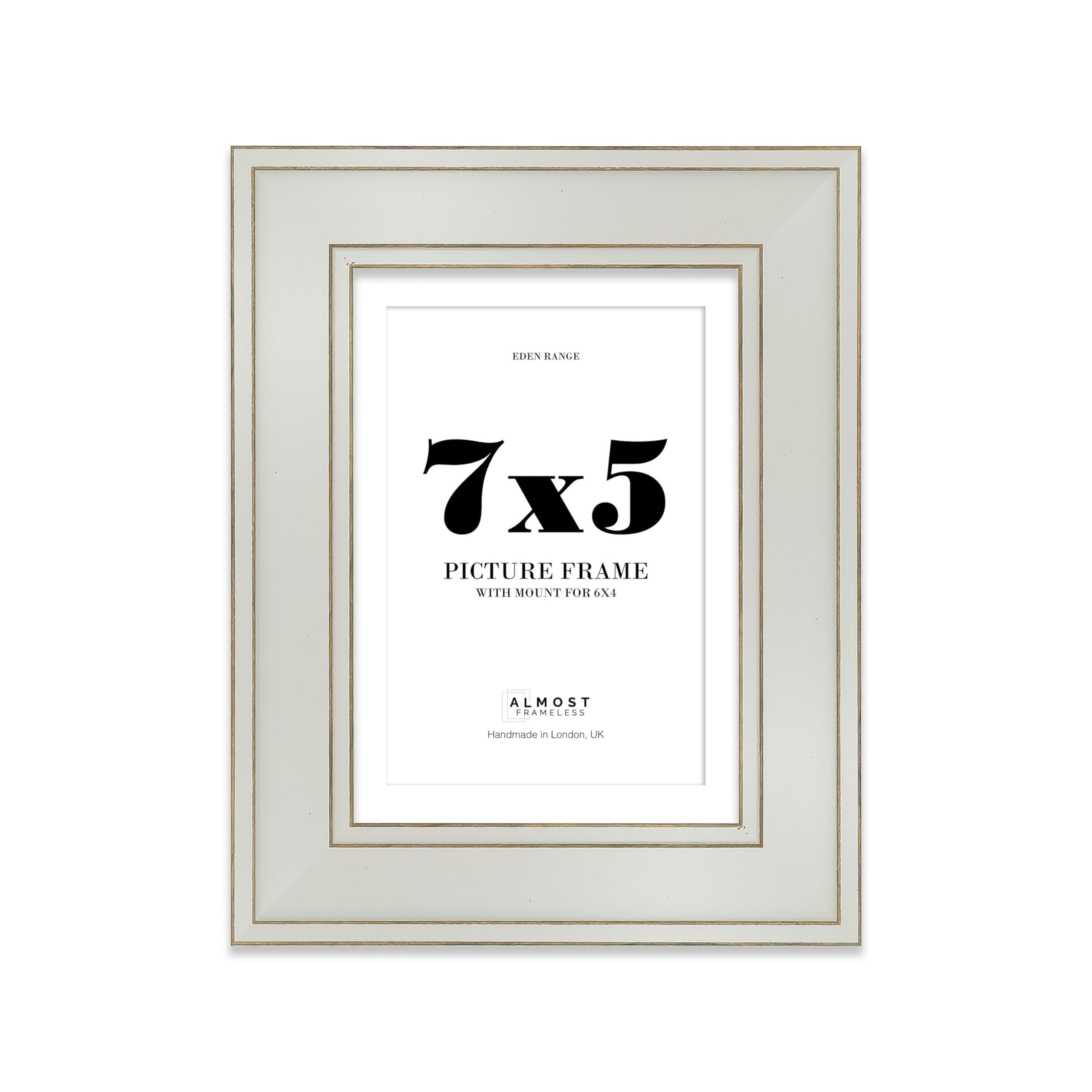 7x5" Light Grey Picture Frame with 6x4" Mount - Shabby Chic Photo Frame with Distressed Finish, Gold Trim, Wall Hooks and Kickstand, 37mm Edge - 1 Pack