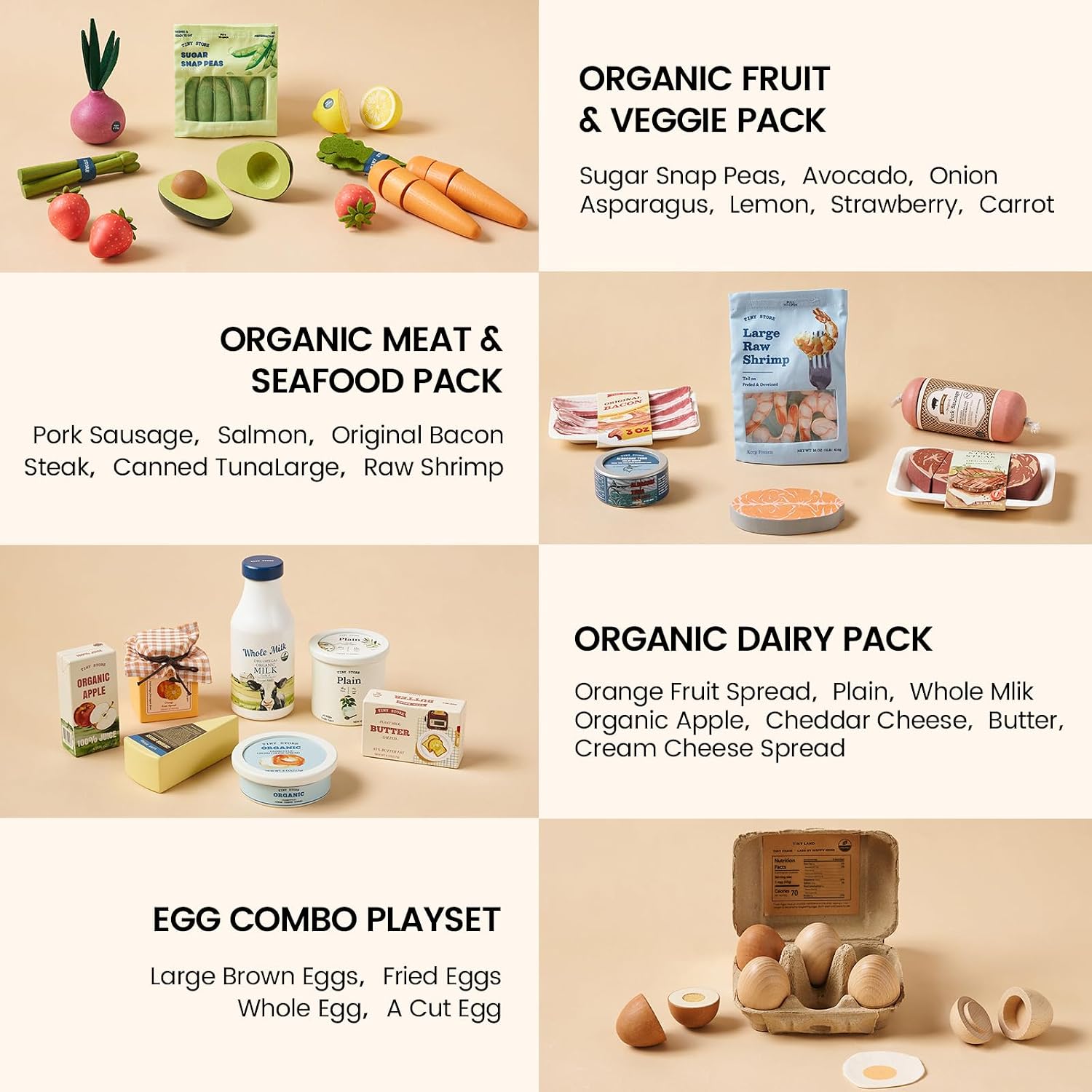 Tiny Land Wooden Play Food Set Bundle Includes 50 PCS of Fruits, Veggies, Meats, Seafood, Eggs & Dairy