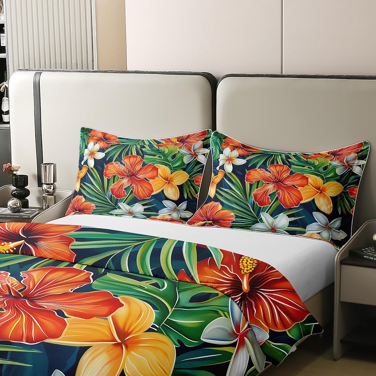 jejeloiu Tropical Plants Leaves Duvet Cover 100% Cotton Hibiscus Monstera Palm Leaf Bedding Set Queen Size（No Comforter） for Kids Boys Girls Flower Hawaiian Comforter Cover