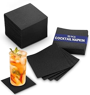 SNH Packing 50 Pieces 23x23cm Black Premium Square Shape 2-Ply Disposable Cocktail Napkin
