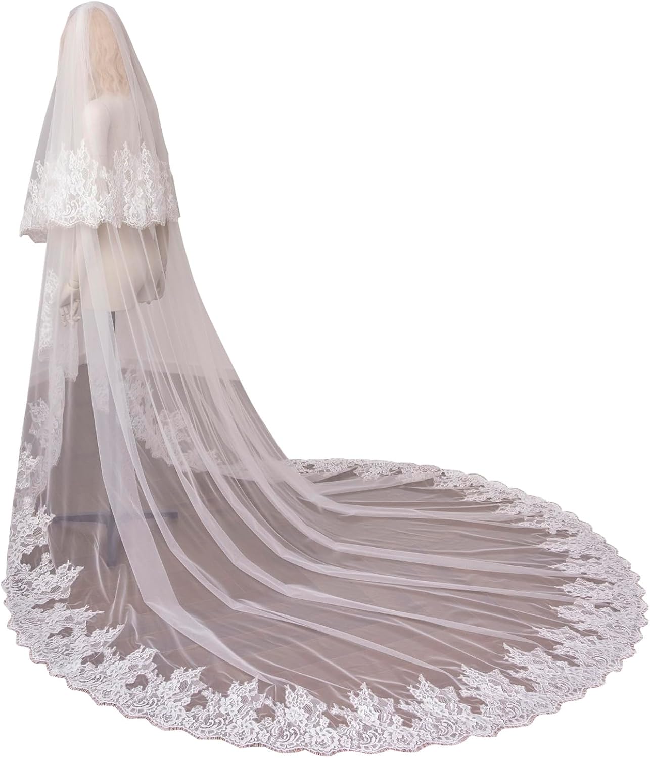 2 Tier Cathedral Length Floral Lace Wedding Bridal Veil with Comb for Brides